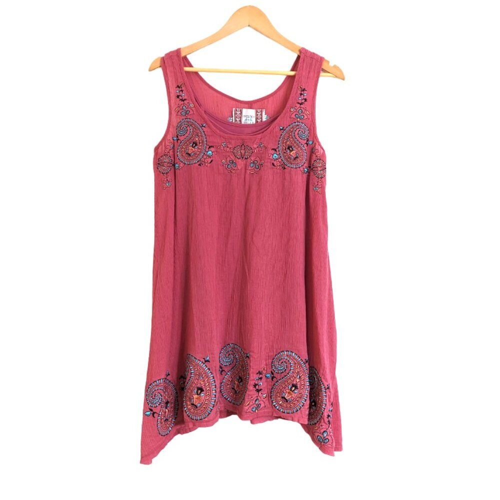 Chelsea & Violet Cotton Embroidered Paisley Sharkbite Dress Raspberry Red Size M